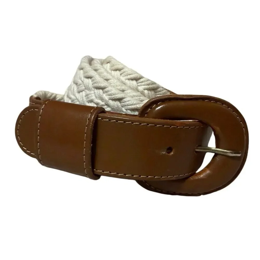 VTG Boho Cottage Made in the USA Genuine Leather Brown & Cream Braided Belt Lg